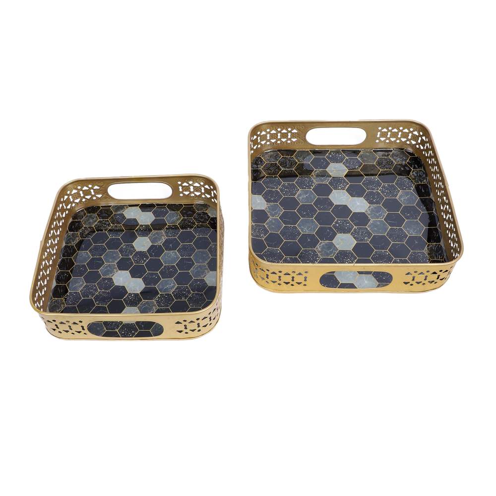 Amaya Decors Black & Grey Blocks Meeena Tray Set of 2 | Gold | Iron with Powder Coating