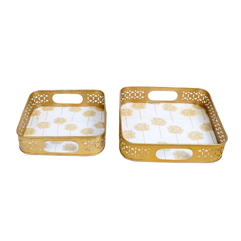Amaya Decors Gold Lotus Meena Tray Set of 2 | Gold | Iron with Powder Coating