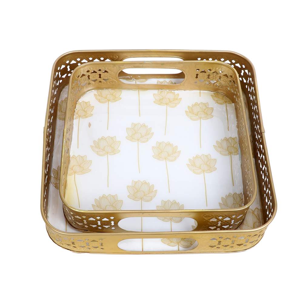Amaya Decors Gold Lotus Meena Tray Set of 2 | Gold | Iron with Powder Coating