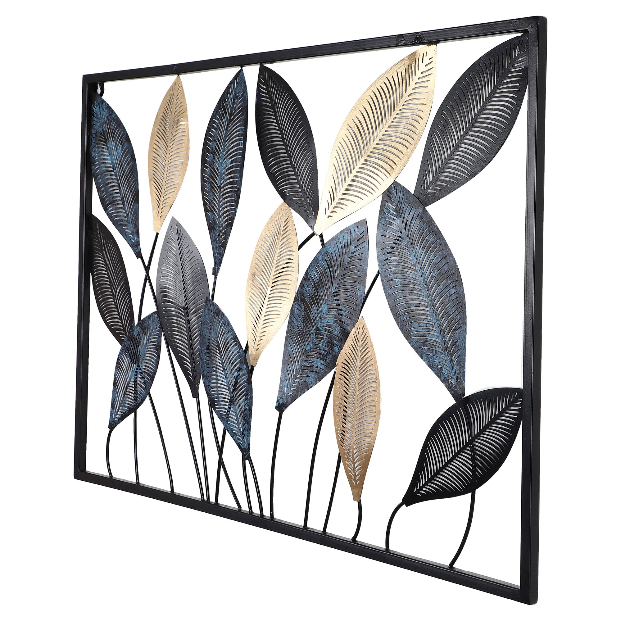 Amaya Decors Rectangular Etching Black, Gold & Green Leaves Wall Décor