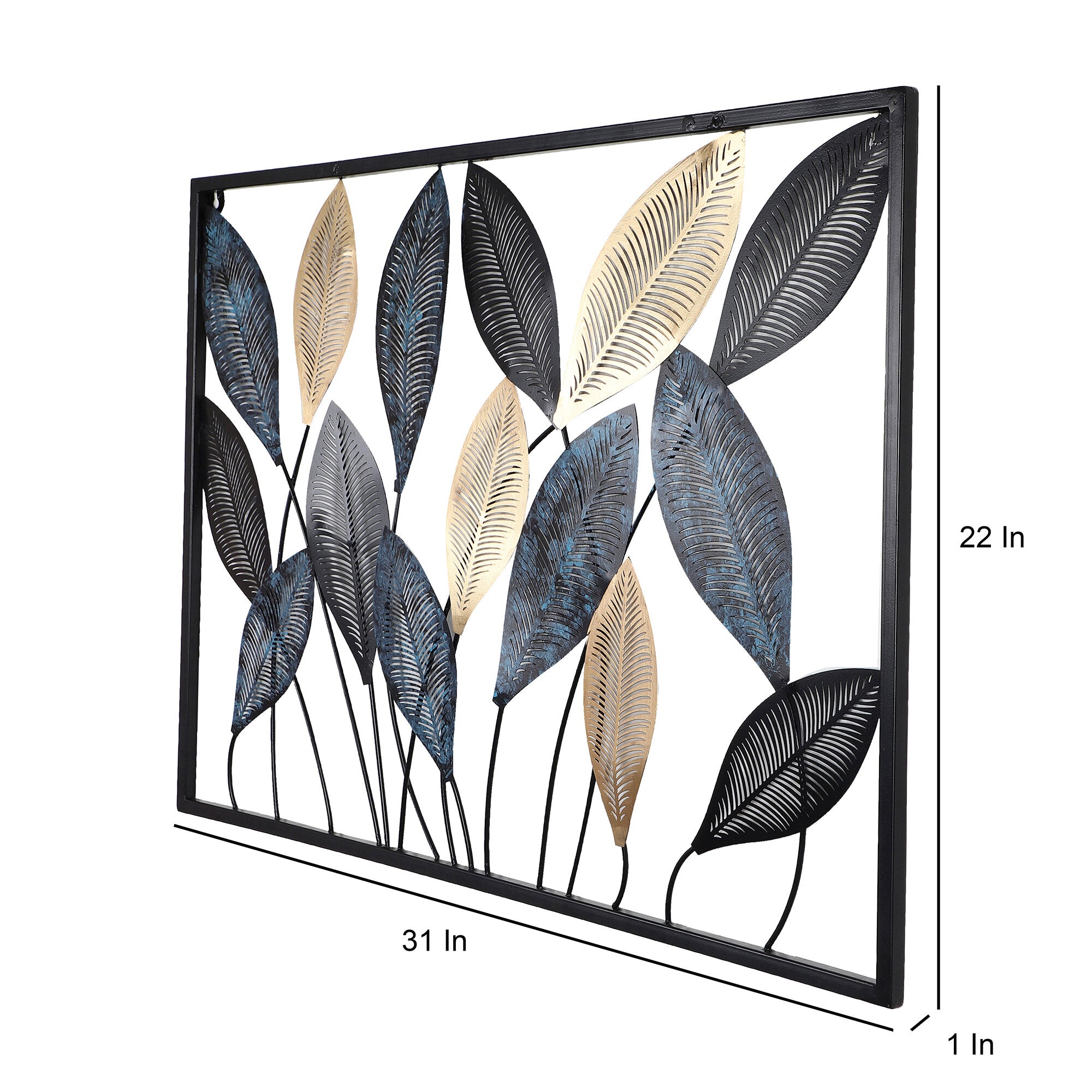Amaya Decors Rectangular Etching Black, Gold & Green Leaves Wall Décor