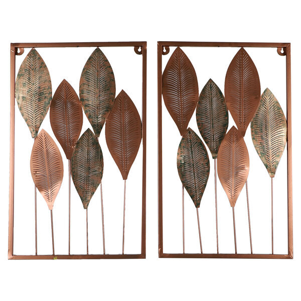 Amaya Decors Rectangular Copper & Green Etching Leaves Wall Décor Set of 2