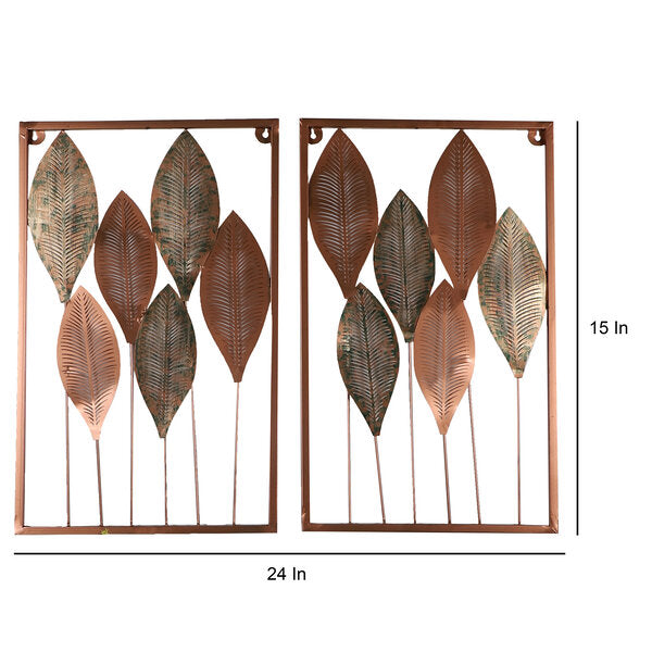 Amaya Decors Rectangular Copper & Green Etching Leaves Wall Décor Set of 2