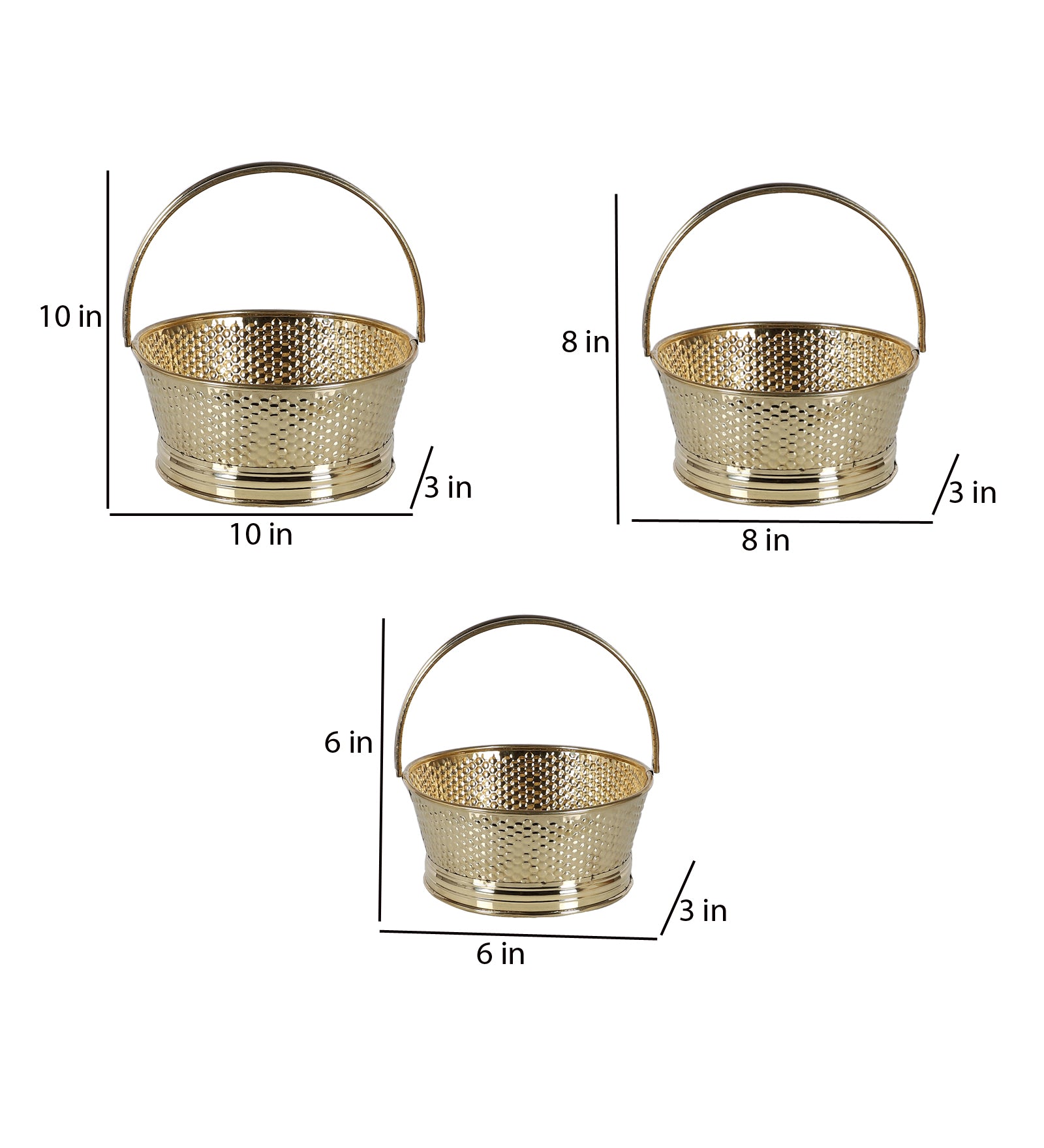 Amaya Decors Round Hammered Brass Sheet Gifting Basket Set of 3
