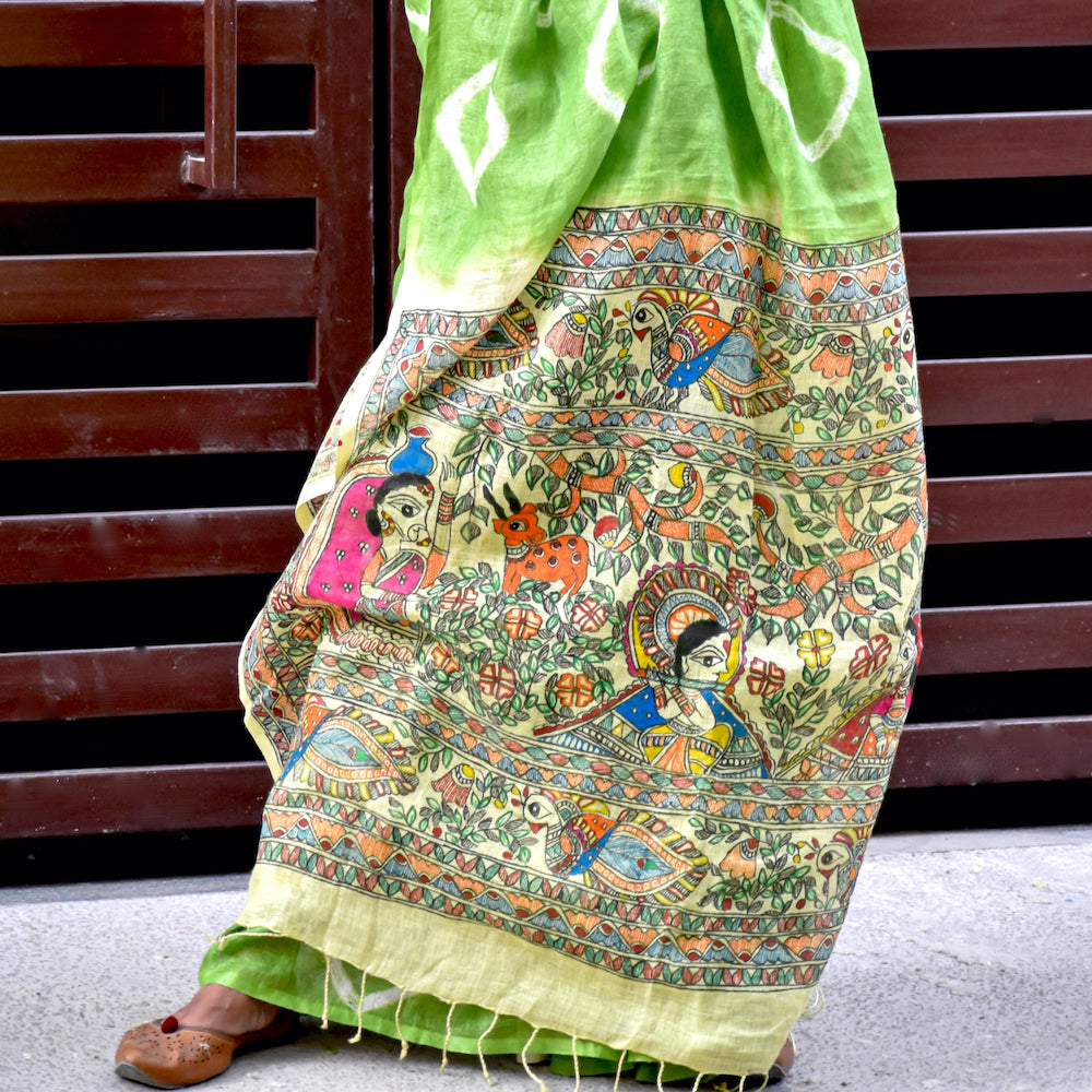 Madhubani Shibori Hand-Painted Linen Saree
