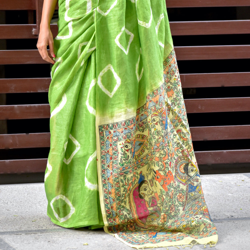 Madhubani Shibori Hand-Painted Linen Saree