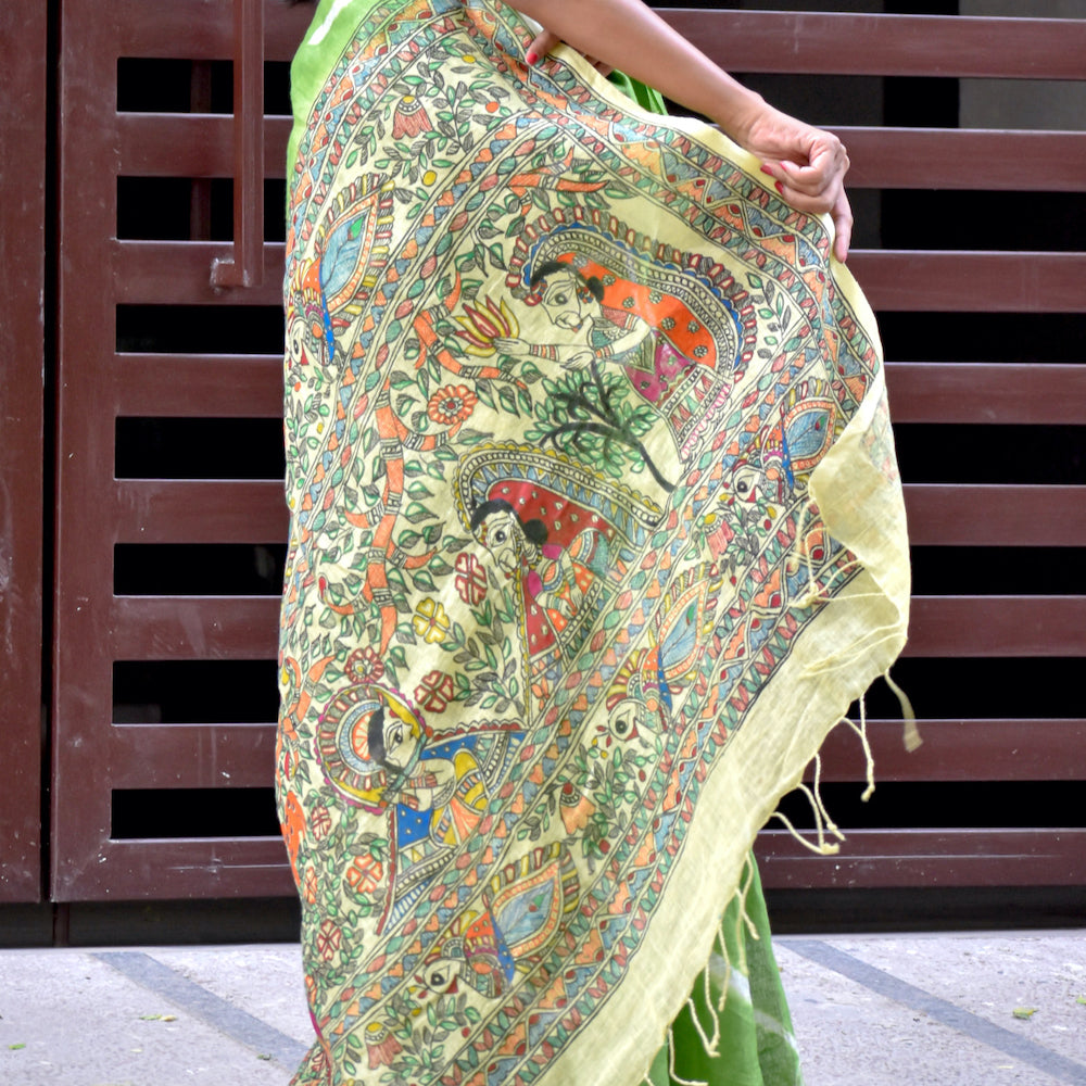 Madhubani Shibori Hand-Painted Linen Saree