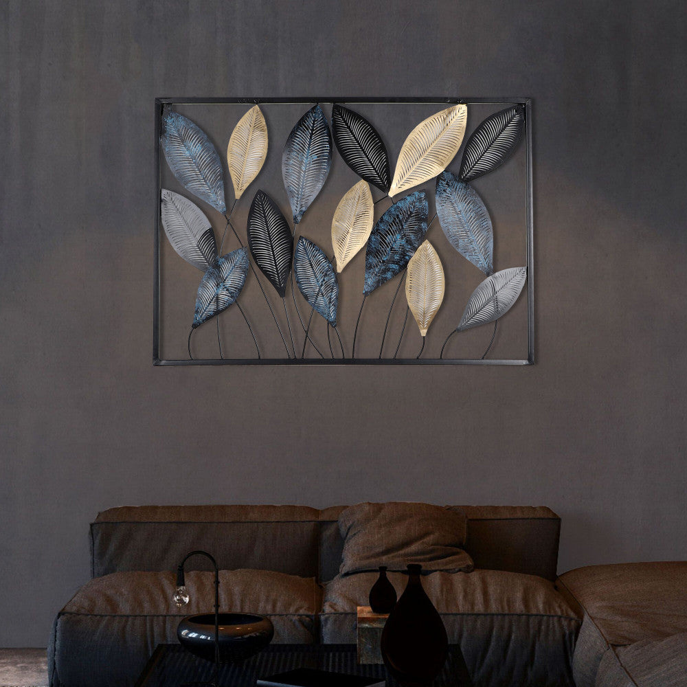 Amaya Decors Rectangular Etching Black, Gold & Green Leaves Wall Décor