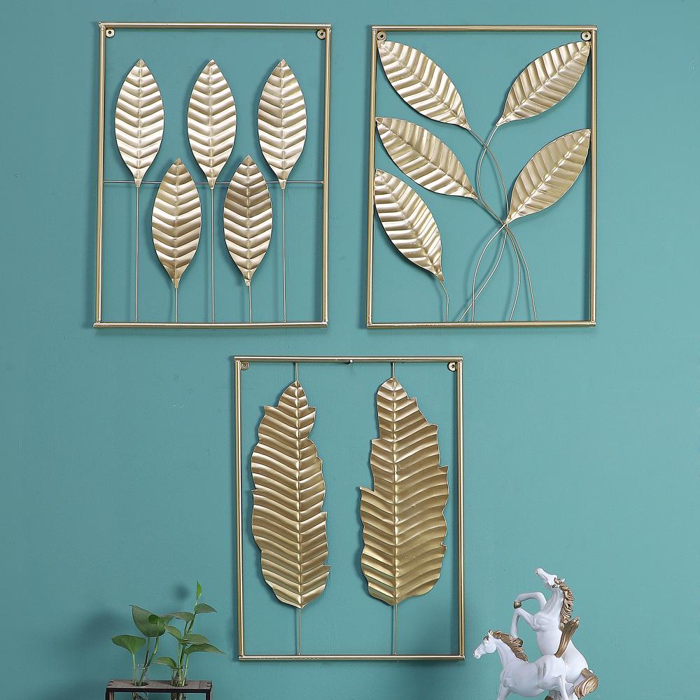 Amaya Decors Gold Rectangular Leaves Wall Decor Set of 3
