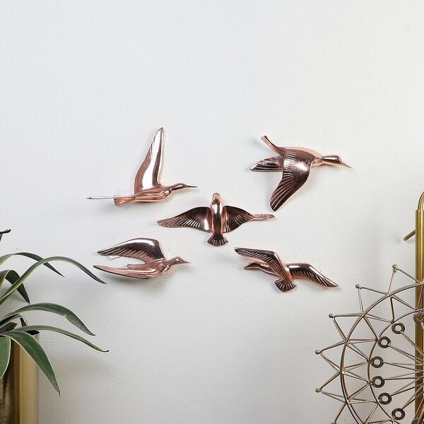 Amaya Decors Aluminium Copper Bird Wall Decor Set of 5