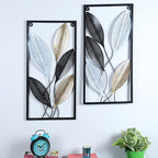 Amaya Decors Rectangular Black, Gold, Silver Leaves Wall Decor Set of 2