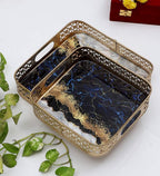 Amaya Decors Square Blue & White Tray Set of 2