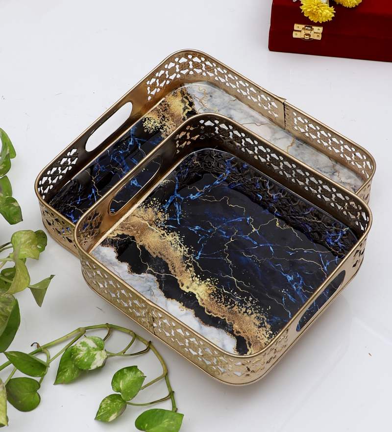 Amaya Decors Square Blue & White Tray Set of 2
