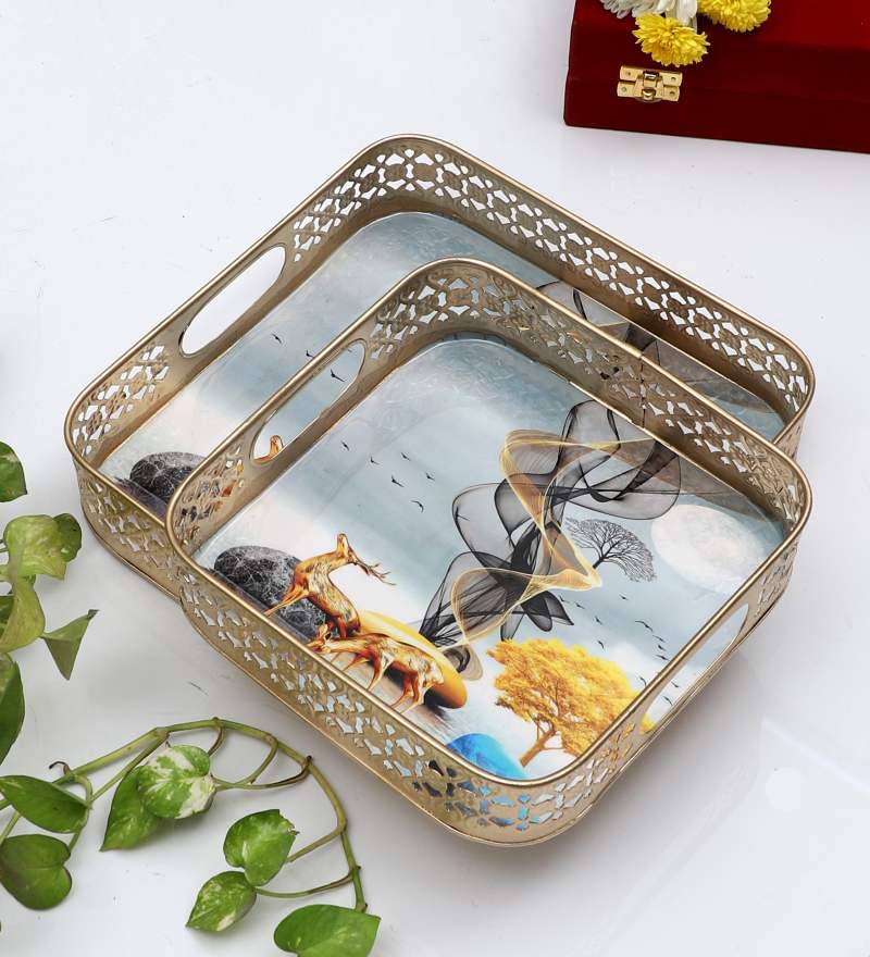 Amaya Decors Square Gold Deer Tray Set of 2