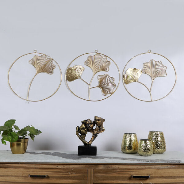 Amaya Decors Golden Leaves Ring Wall Decor Set of 3