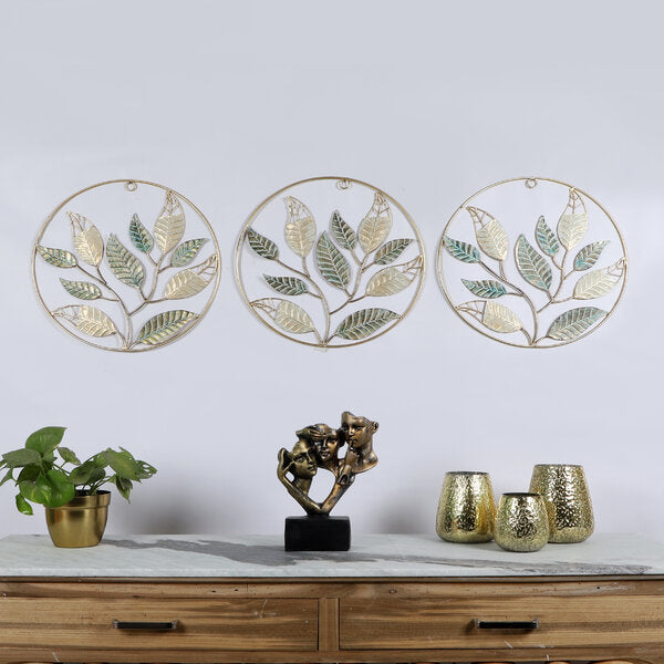 Amaya Decors Green & Gold Mango Leaves Wall Decor Set of 3