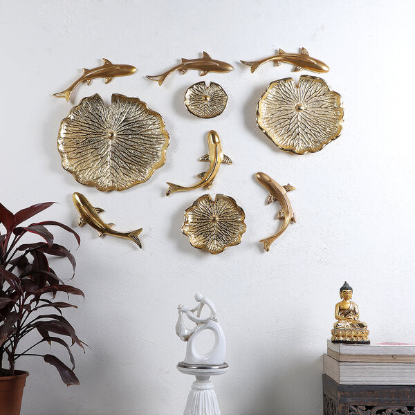 Amaya Decors Gold Aluminium Fish & Plate Wall Art Set of 10