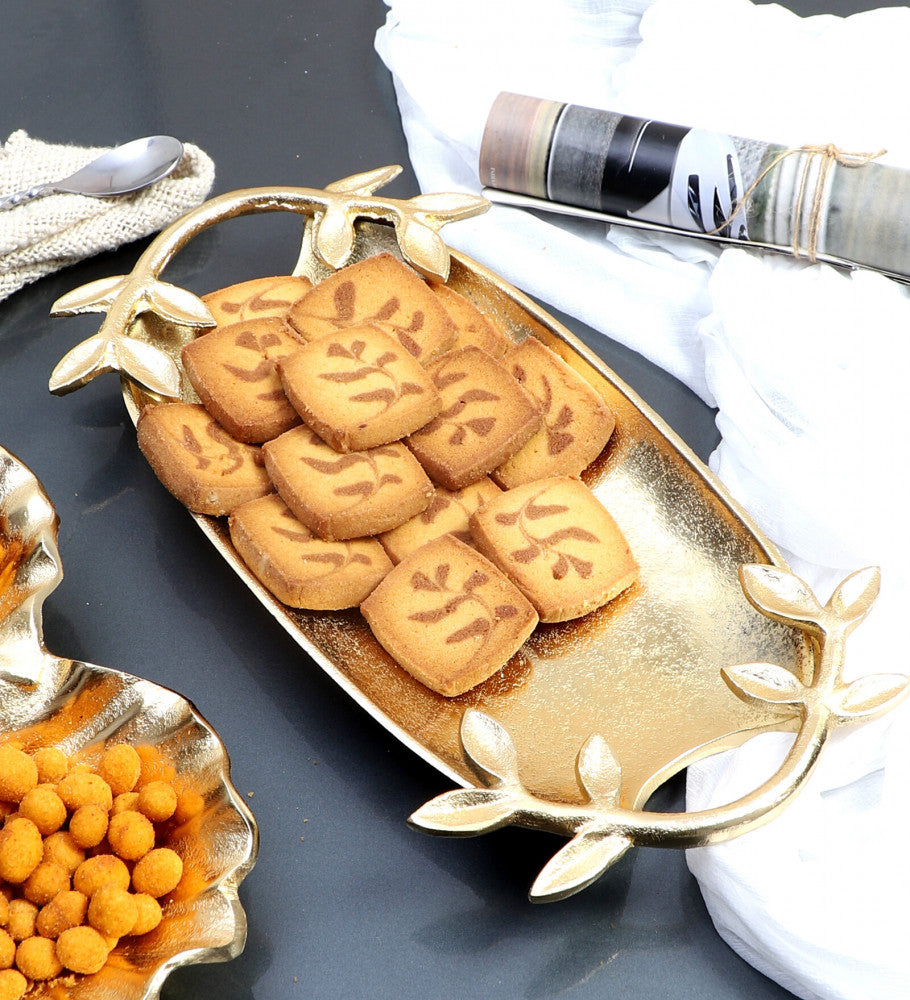 Amaya Decors Gold Leaf Aluminium Tray | Gold | Iron with Powder Coating