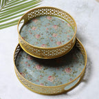 Amaya Decors Green & Pink Tray Set of 2 | Gold | Iron with Powder Coating