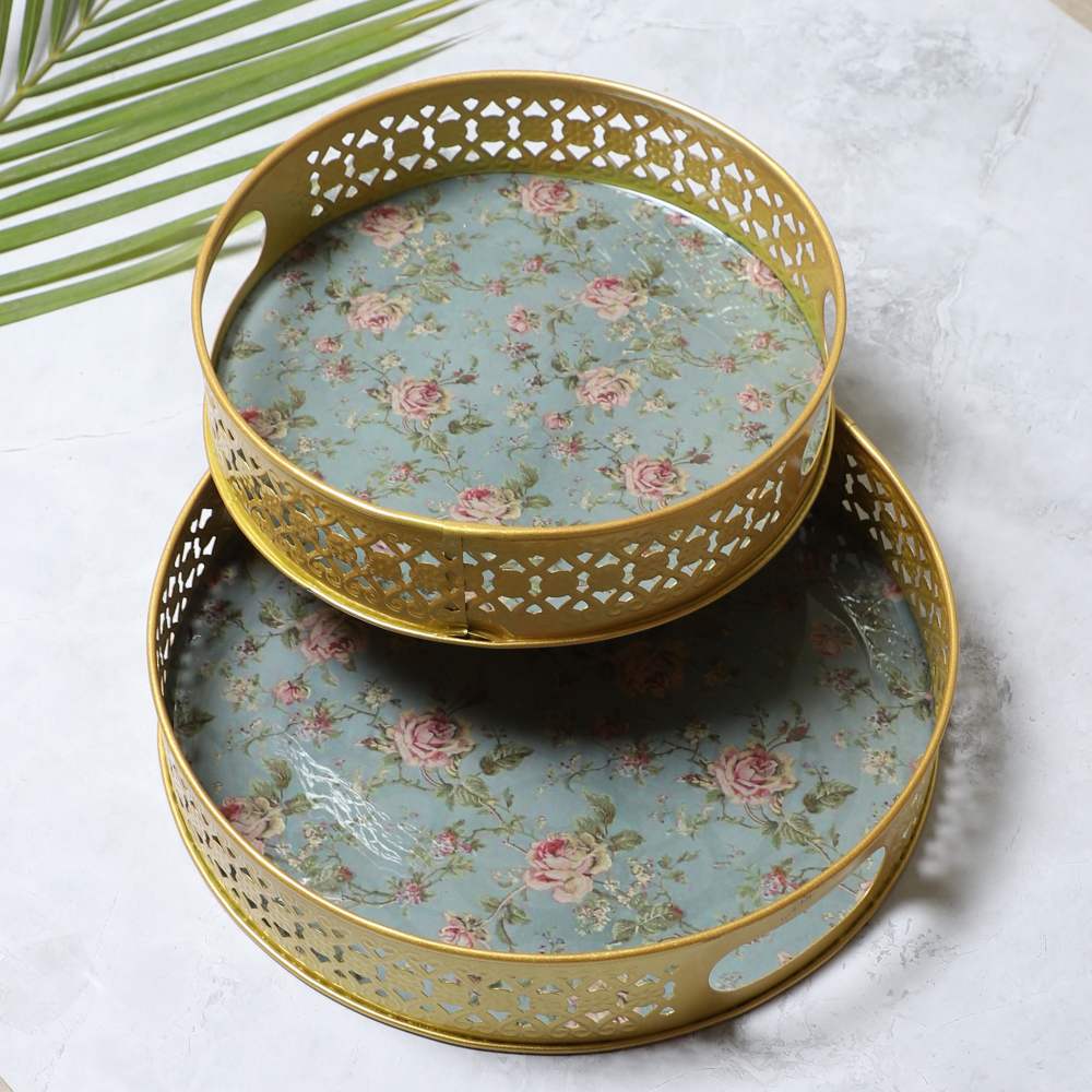 Amaya Decors Green & Pink Tray Set of 2 | Gold | Iron with Powder Coating