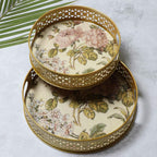 Amaya Decors Green Pink Flower Tray Set of 2 | Gold | Iron with Powder Coating