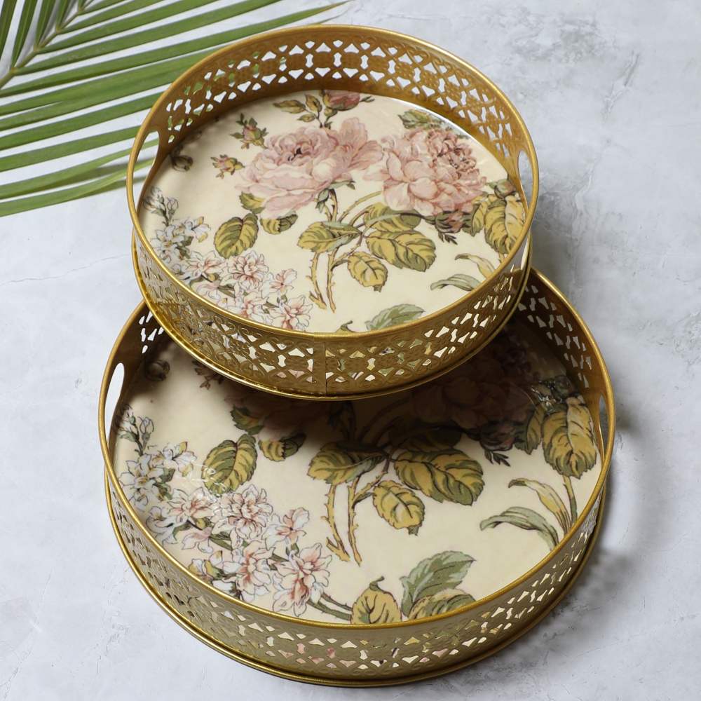 Amaya Decors Green Pink Flower Tray Set of 2 | Gold | Iron with Powder Coating