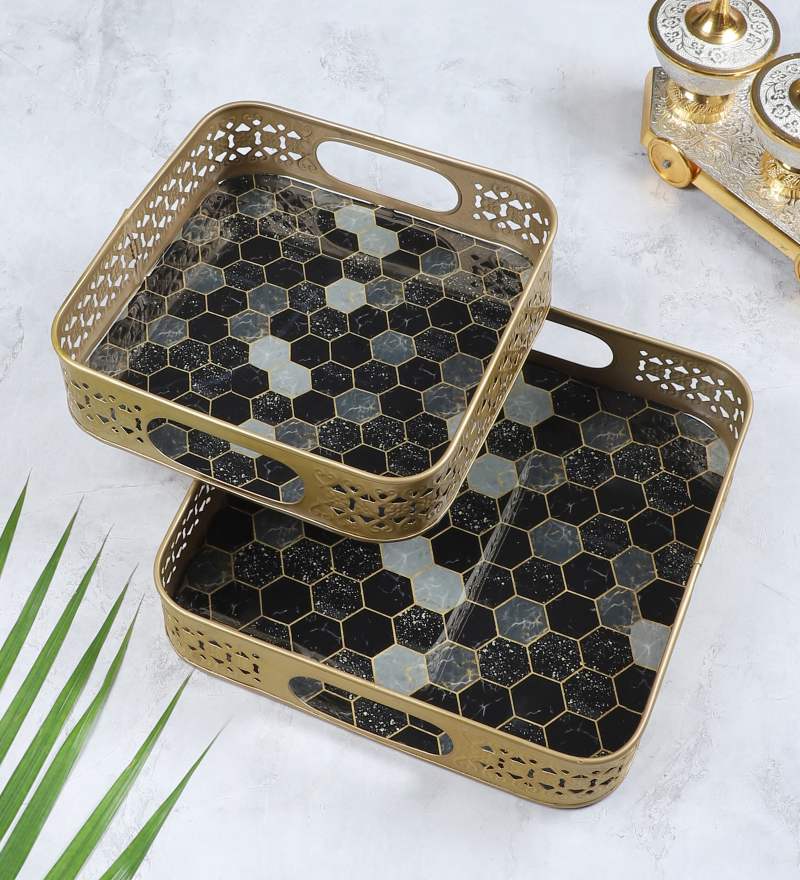 Amaya Decors Black & Grey Blocks Meeena Tray Set of 2 | Gold | Iron with Powder Coating