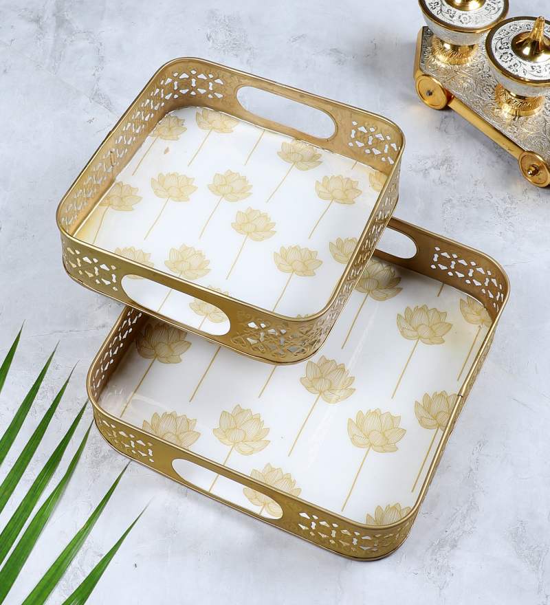 Amaya Decors Gold Lotus Meena Tray Set of 2 | Gold | Iron with Powder Coating