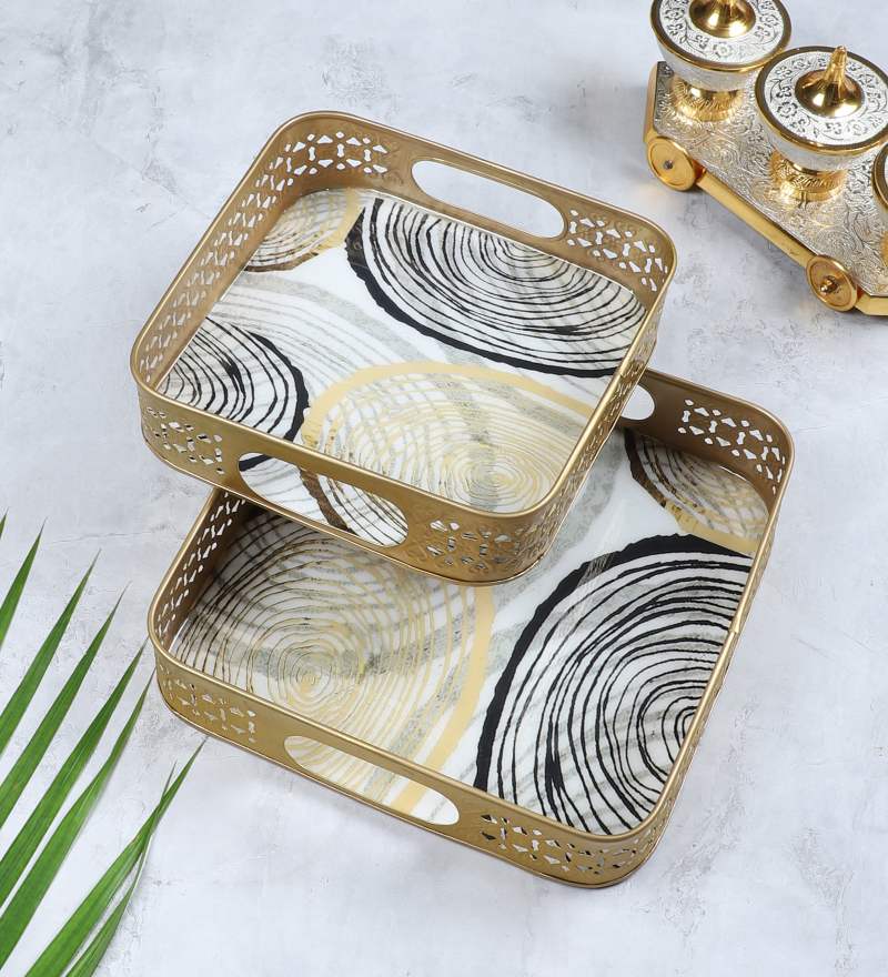 Amaya Decors Black & Gold Ring Deisgn Tray Set of 2 | Gold | Iron with Powder Coating