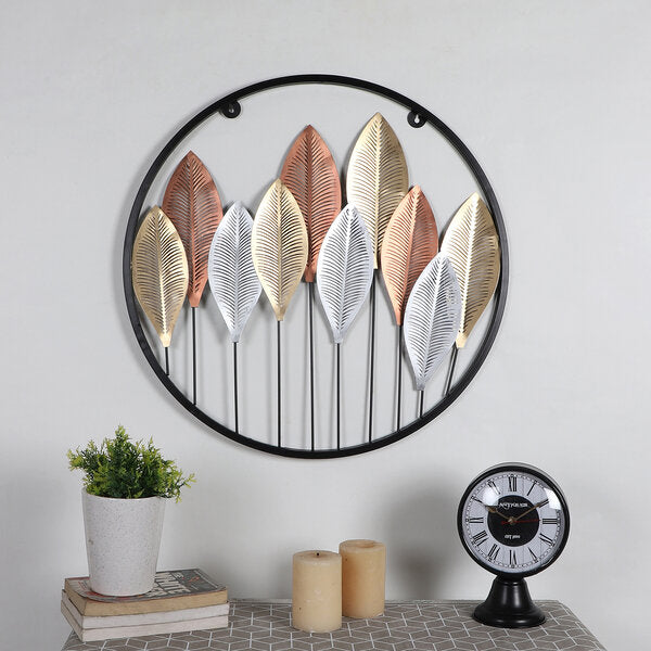 Amaya Decors Round Gold Silver & Copper Etching Leaves Wall Décor