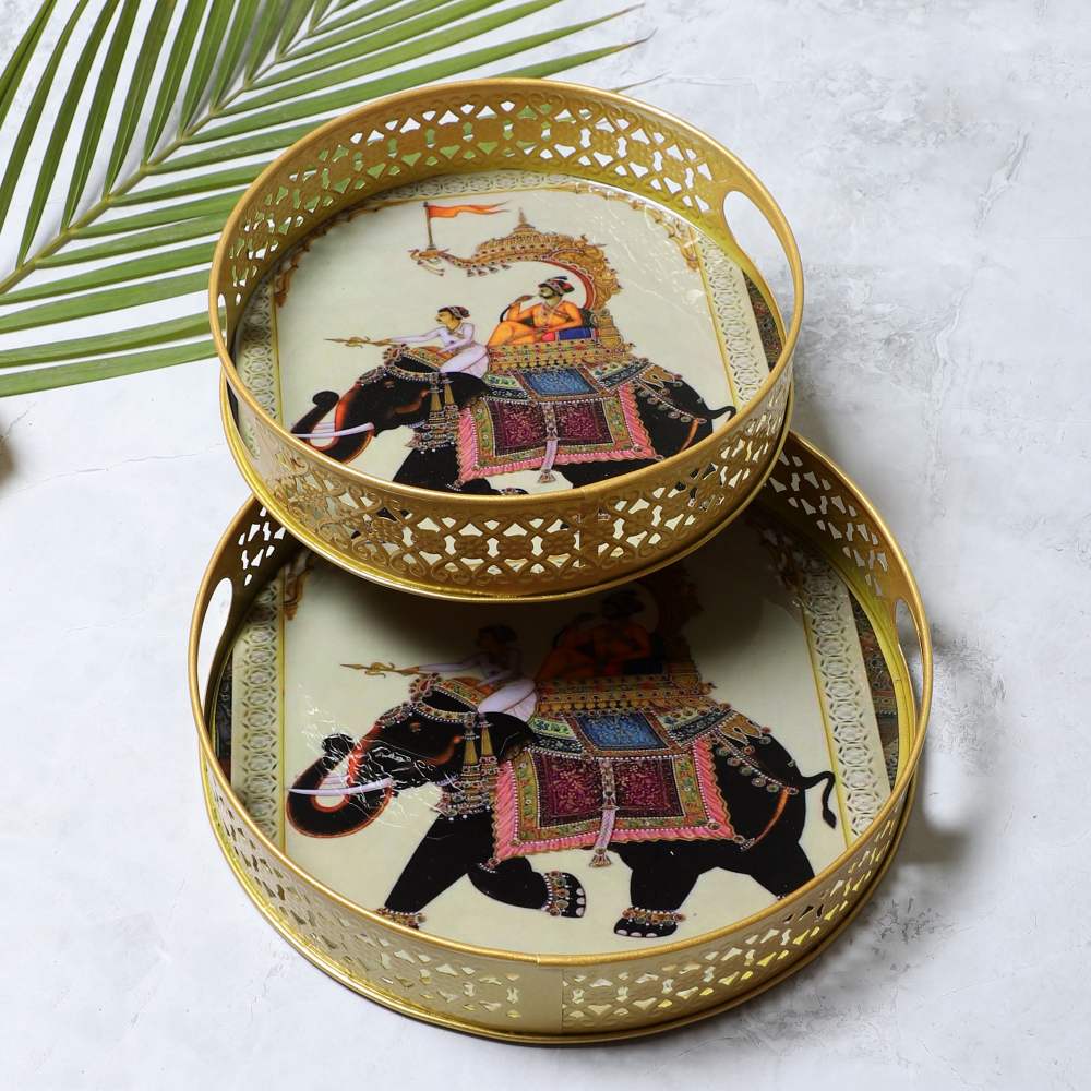 Amaya Decors Elephant Black Tray Set of 2 | Gold | Iron with Powder Coating